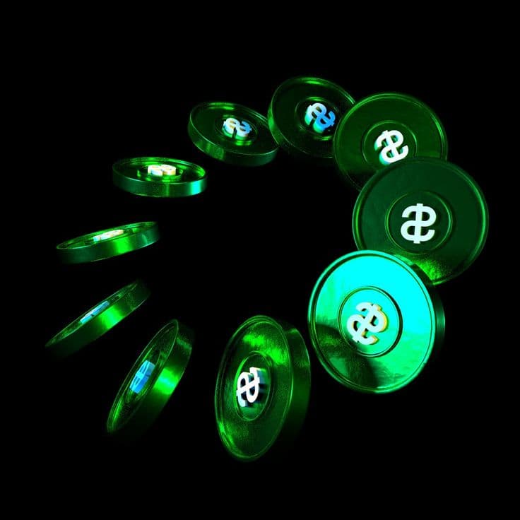 Arc of glowing green dollar coins turning through darkness
